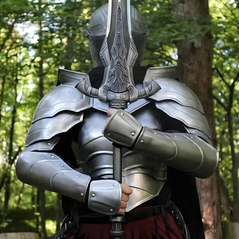 Close-up detail of Handmade Elven Armor – Leather Straps and Engraved Steel by Artisans Hub
