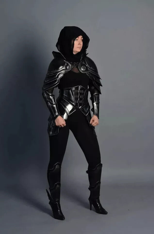Main view of Lady LARP Hunter blackened steel half body armor suit handcrafted from 18-gauge steel with leather straps by Artisans Hub.