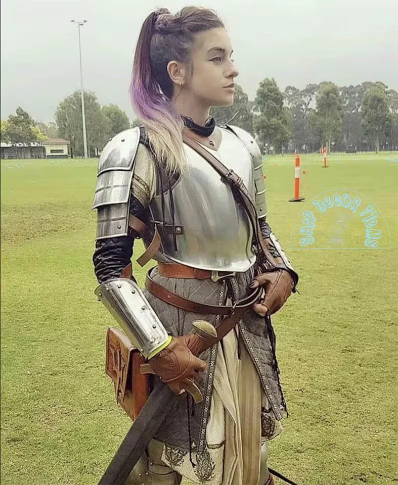 Back view of the women’s medieval armor featuring leather straps and handcrafted steel plating for full mobility.