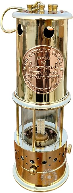 Large Vintage Solid Brass Working Nautical Miner Lamp – Front View with Polished Finish