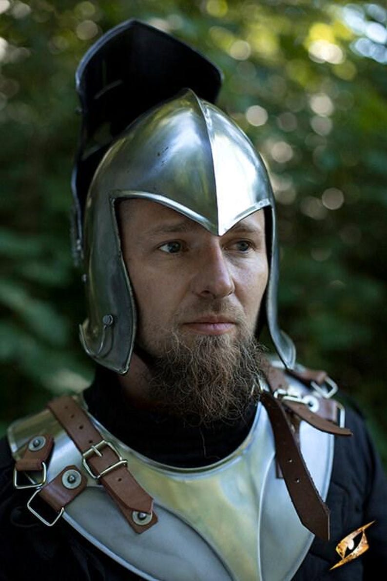 Close-up of LARP Barbute Visor Helmet showing visor detail and polish