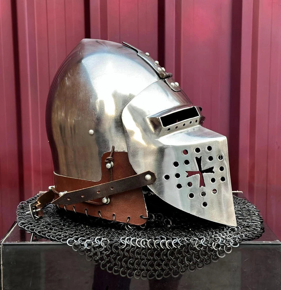 Interior view of bascinet helmet showing adjustable strap and padded lining