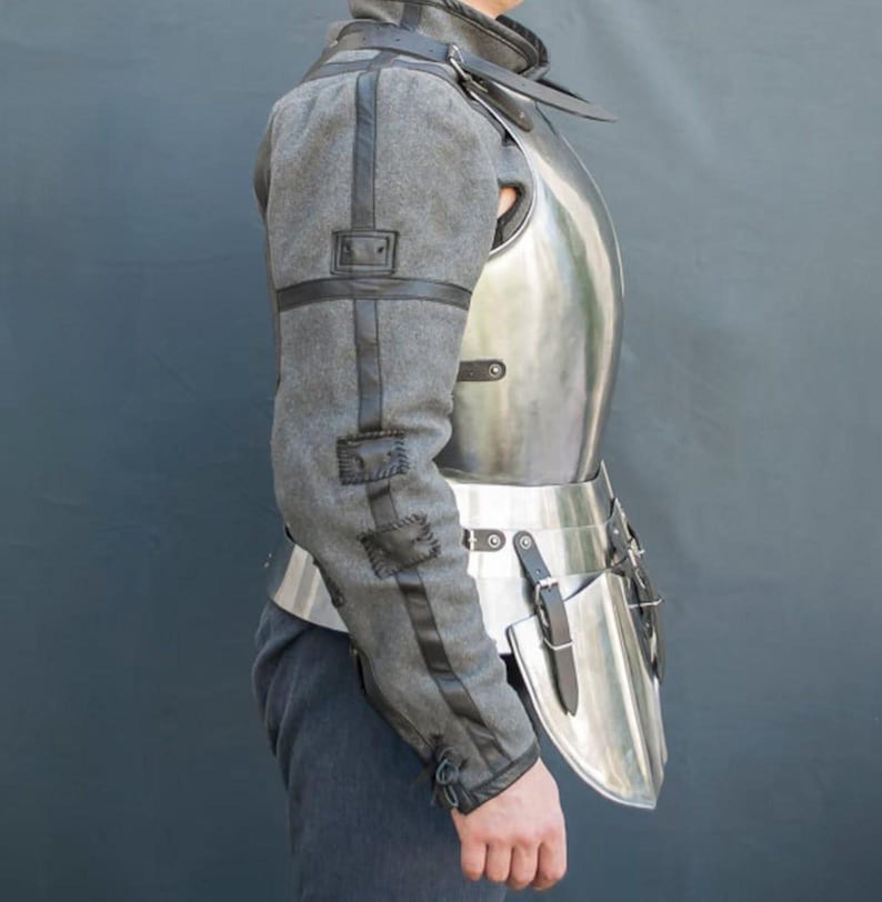 Rear view of LARP costume featuring steel cuirass and tassets armor set