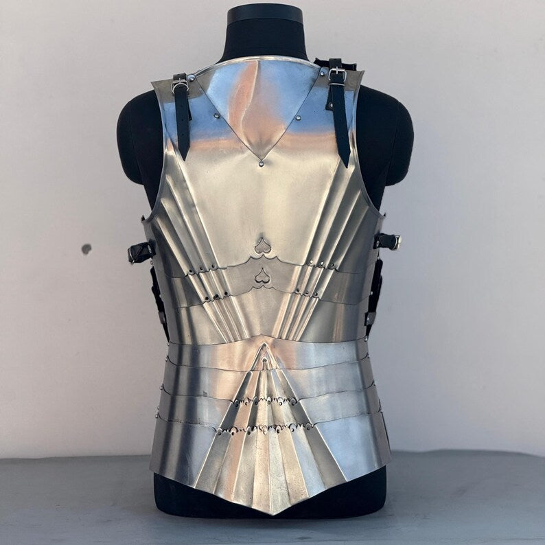 LARP knight breastplate armor with polished silver finish and rust-resistant interior coating.