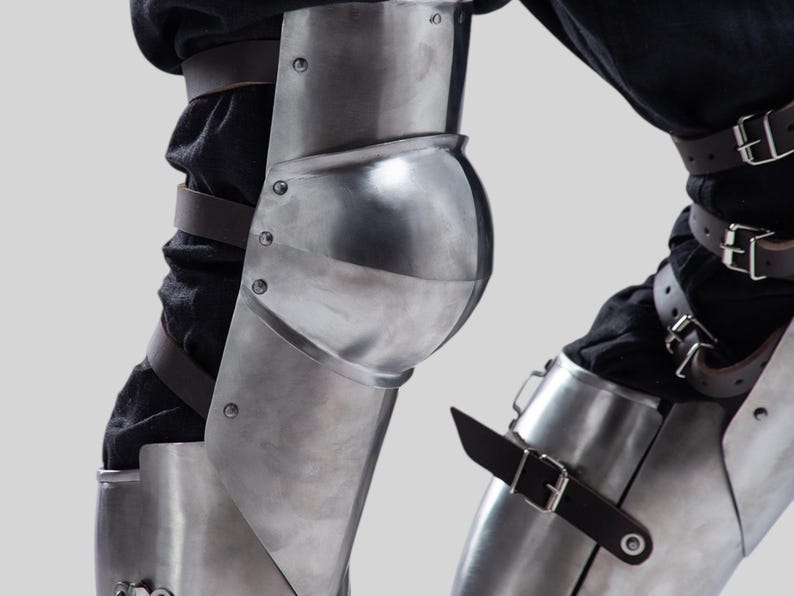 Handmade LARP knight steel leg greaves with rolled edges for safety