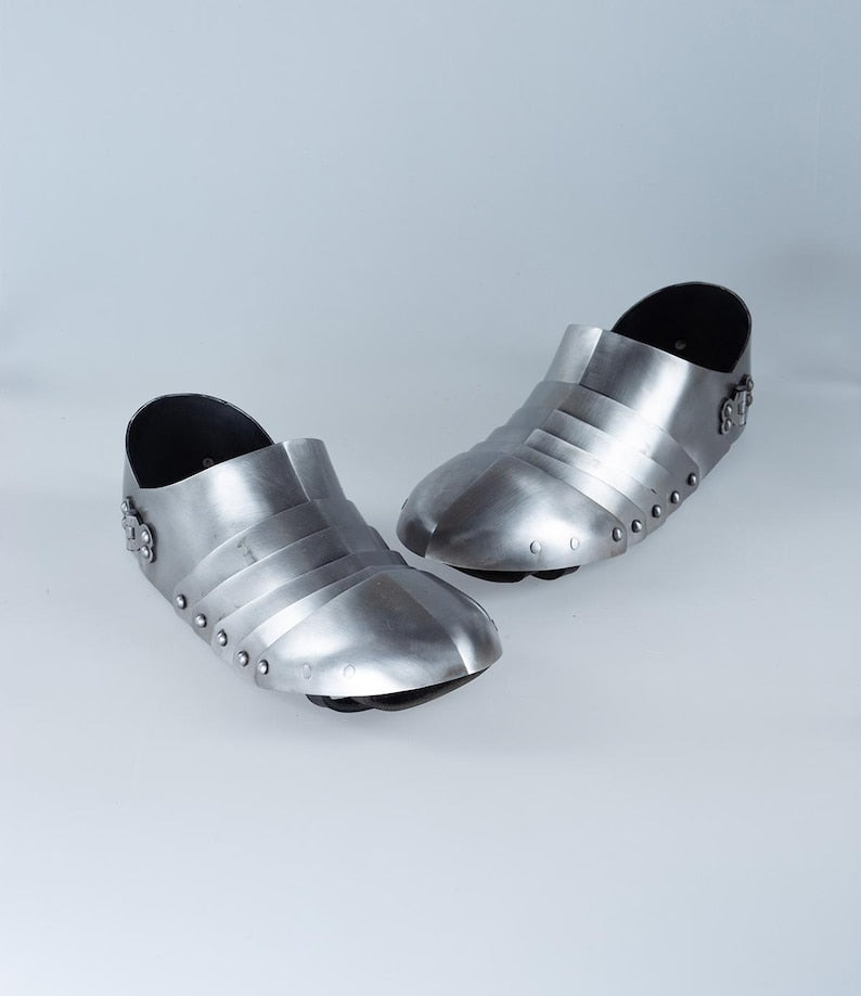 LARP-ready Milanese sabatons foot armor on display with rolled edges