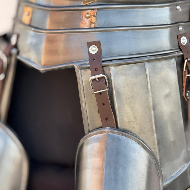 Back view of LARP-ready dwarf armor with steel tassets and leather straps
