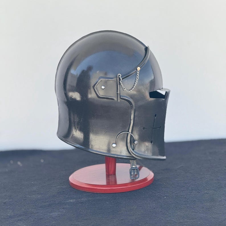 LARP-ready Medieval Knight Steel Barbuta Helmet displayed on wooden stand