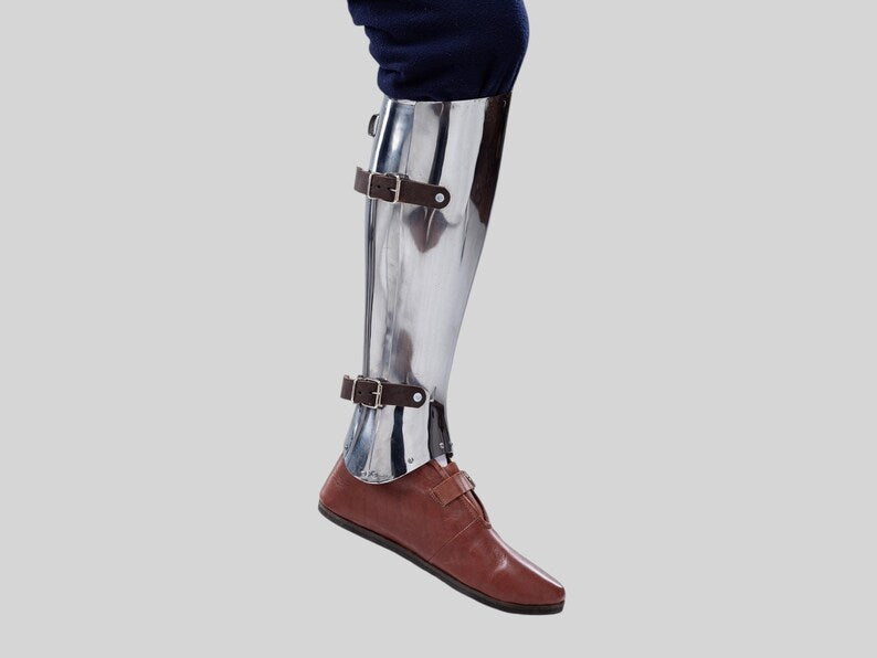 LARP-ready steel leg greaves with leather straps for cosplay knights