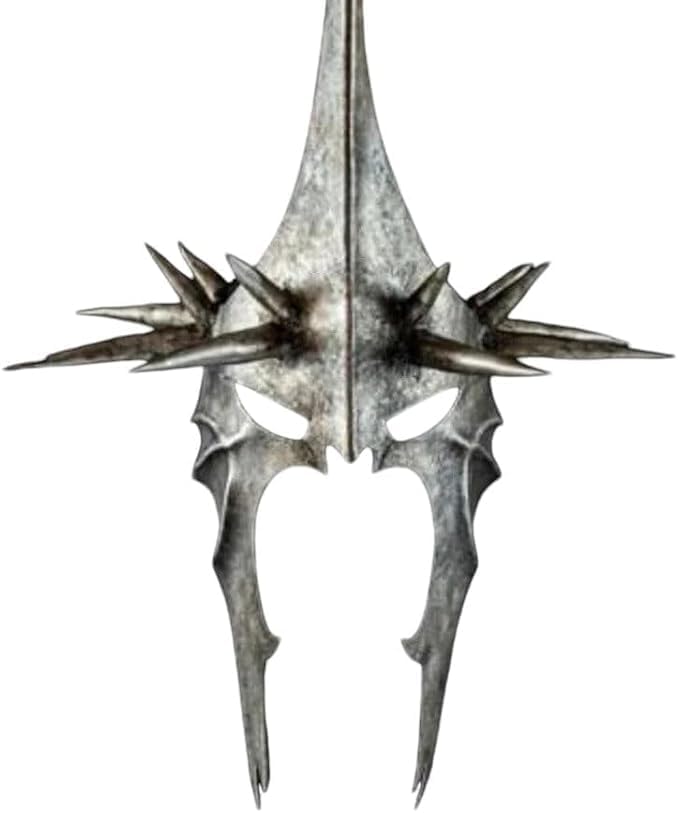 Side profile of Lord of the Rings inspired Witch King helmet showing iron spike details.