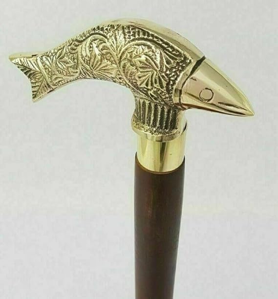 Luxury Brown Wooden Walking Stick with Brass Fish Head Handle