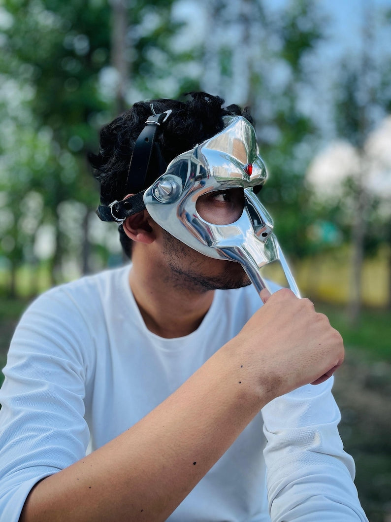 Mad Villain gladiator steel face armor showing signature side spikes on MF DOOM mask