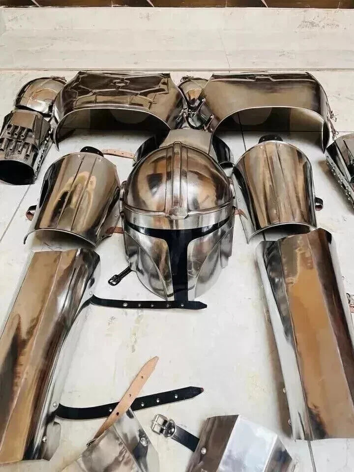 Full Mandalorian armor suit laid out including helmet, chest plate, leg and arm guards