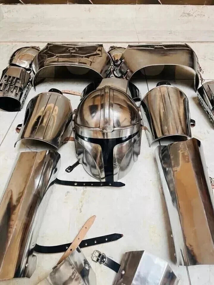 Front view of Mandalorian full body armor costume with helmet and chest plate