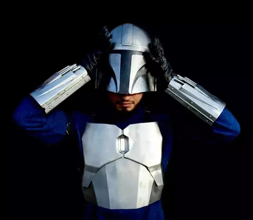Close-Up Detailing of Mandalorian Helmet and Chestplate – Handmade Steel Armor by Artisans Hub