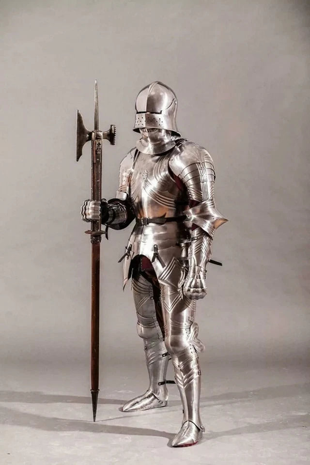 Rear view of the knight suit of armor showing adjustable leather straps and back plating.