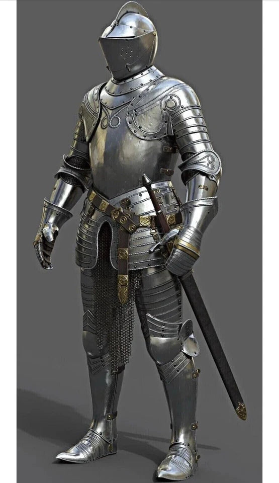 Back view of full body medieval steel armor with straps and joints