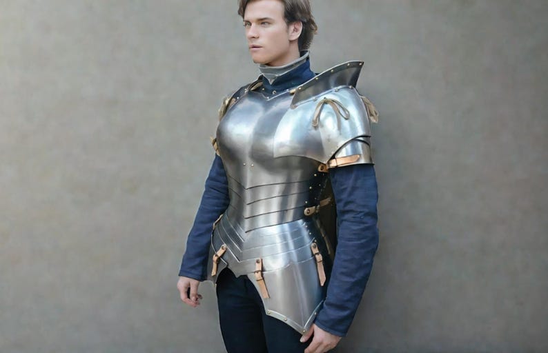 Medieval Armor Female full suit front view showing steel cuirass and pauldrons