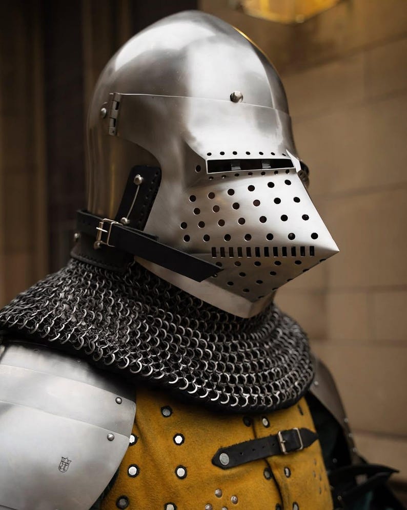 Close-up of Medieval Armor Helmet with Chain – Authentic Cosplay Gear