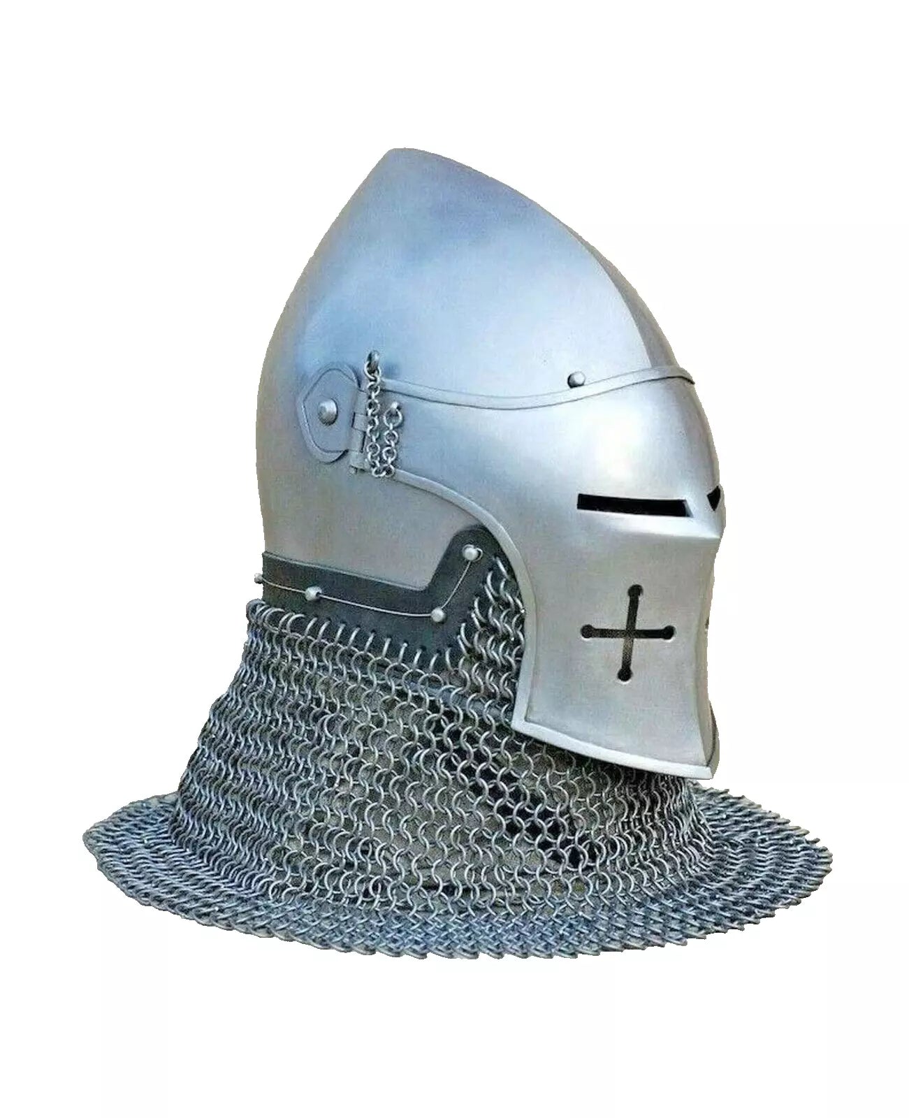 Front view of medieval Barbuta helmet with chainmail and full face protection