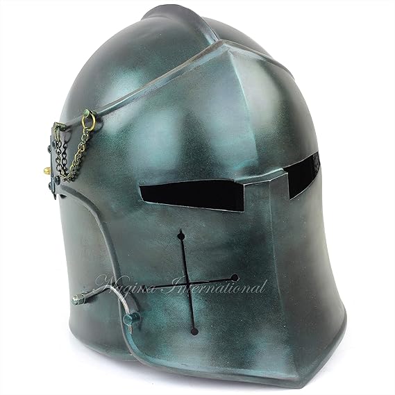 Front view of Medieval Barbuta Templar helmet in army green, featuring brushed steel and visor design