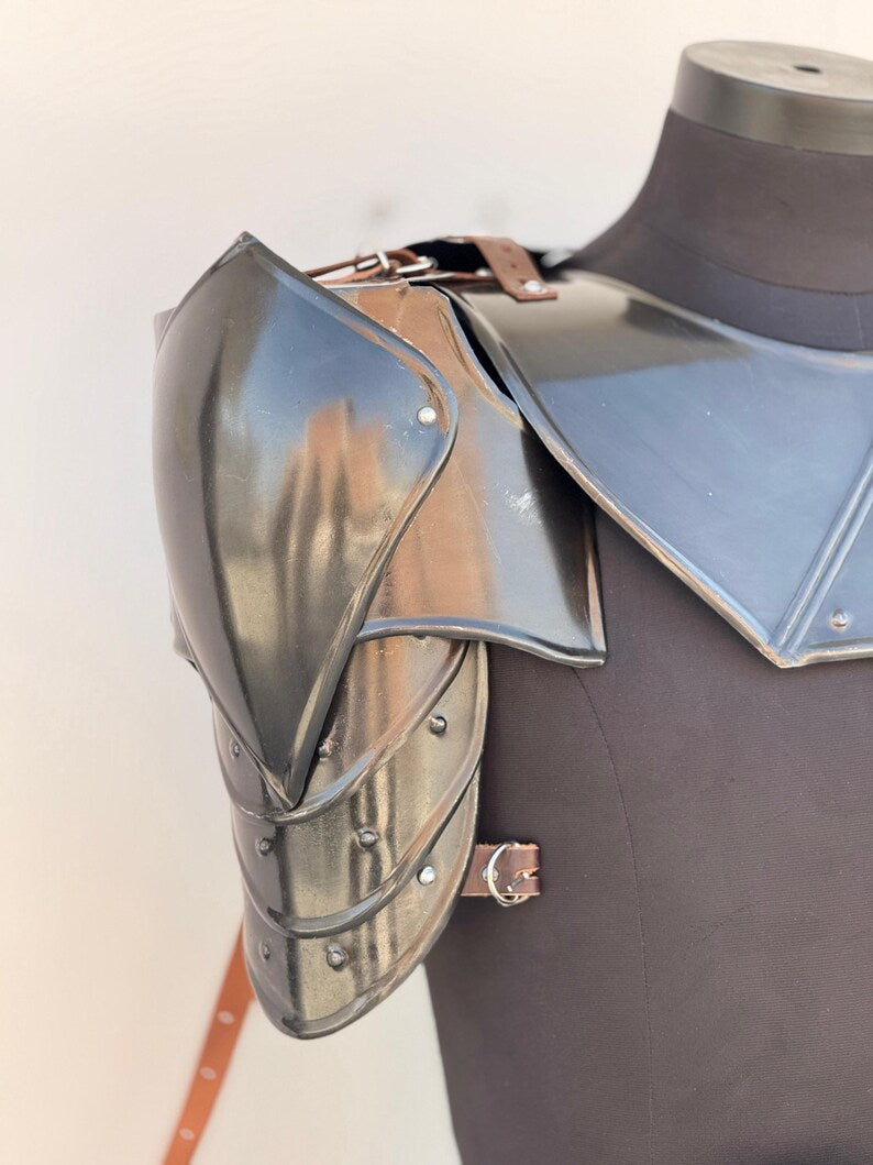Adjustable brown and black leather belts on Medieval Black Undead armor set