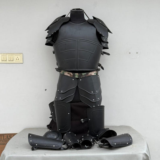 Front view of Medieval Black Undead Knight Armor Suit featuring half body cuirass and pauldrons.
