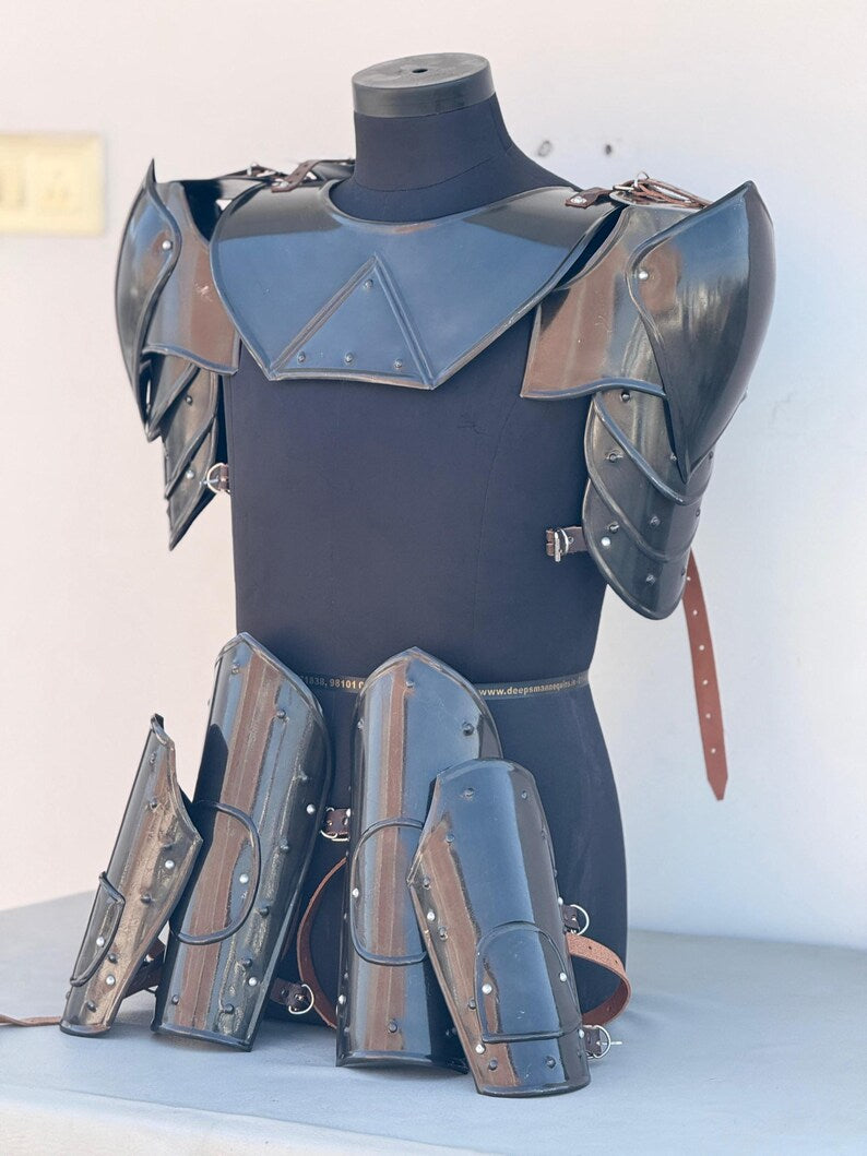 Medieval Black Undead leg greaves armor set coated with rust-free paint