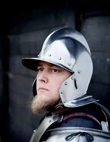 Front view of medieval Burgonet helmet replica made from 18 gauge steel