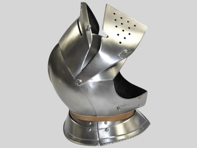 Armet Knight Helmet displayed on included wooden stand