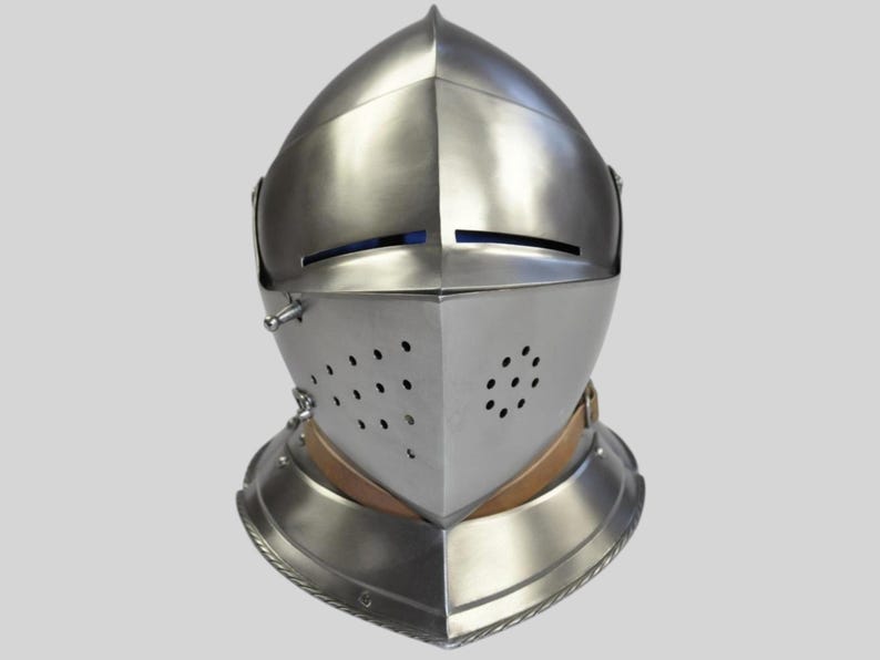 Medieval Close Armet Knight Helmet front view with visor down