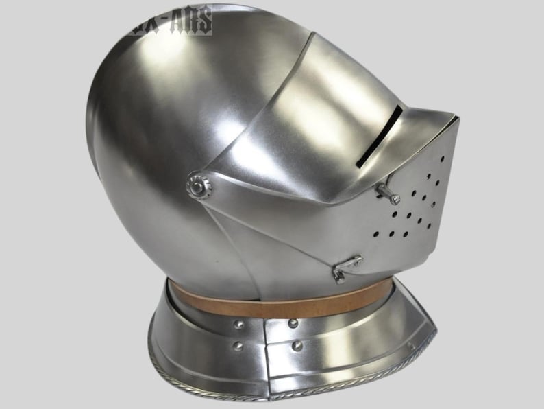 Side profile of Medieval Armet Helmet showing detailed steelwork