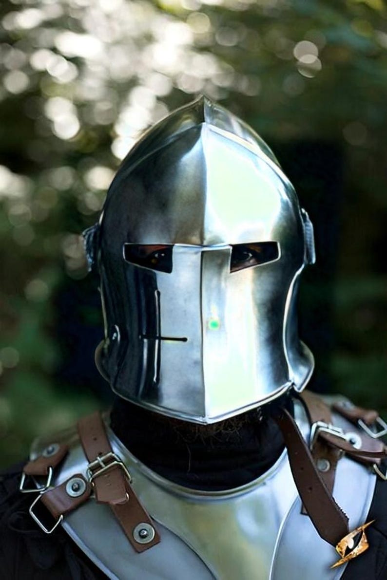 Side profile of medieval cosplay helmet with open-face visor design