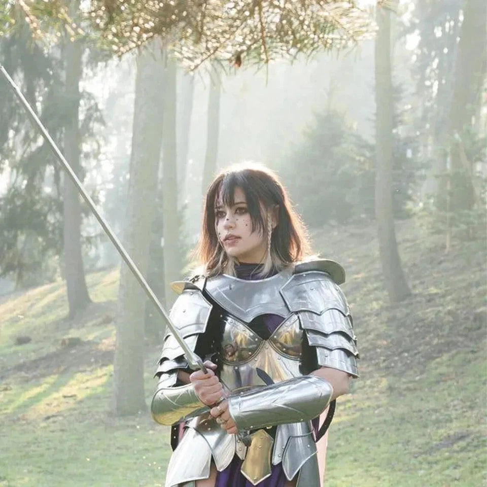 Rear view of the lady warrior armor showing adjustable leather straps and steel paneling.