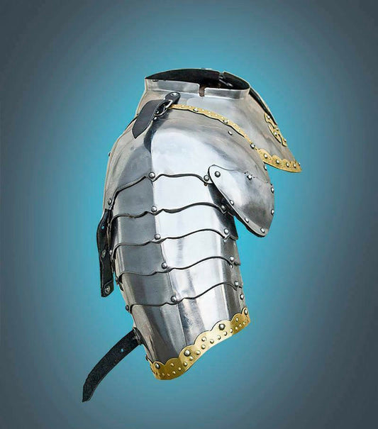 Side view of 18GA steel medieval gorget with shoulder pauldrons for LARP and cosplay by Artisans Hub