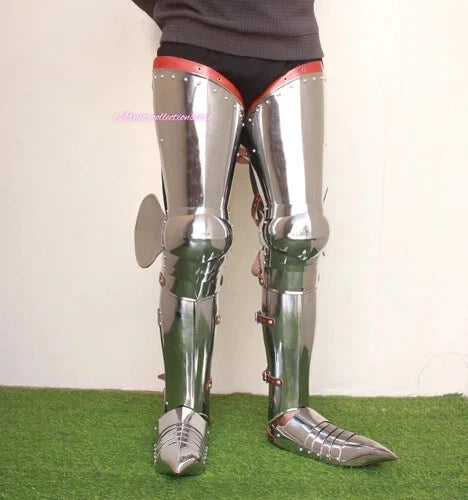 Back view showing the steel and iron construction of medieval gothic leg armor