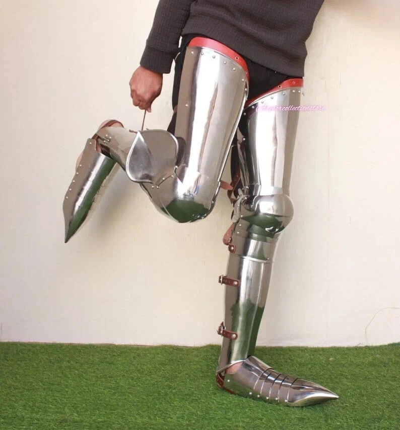 Front view of handcrafted medieval gothic full leg guard armor set