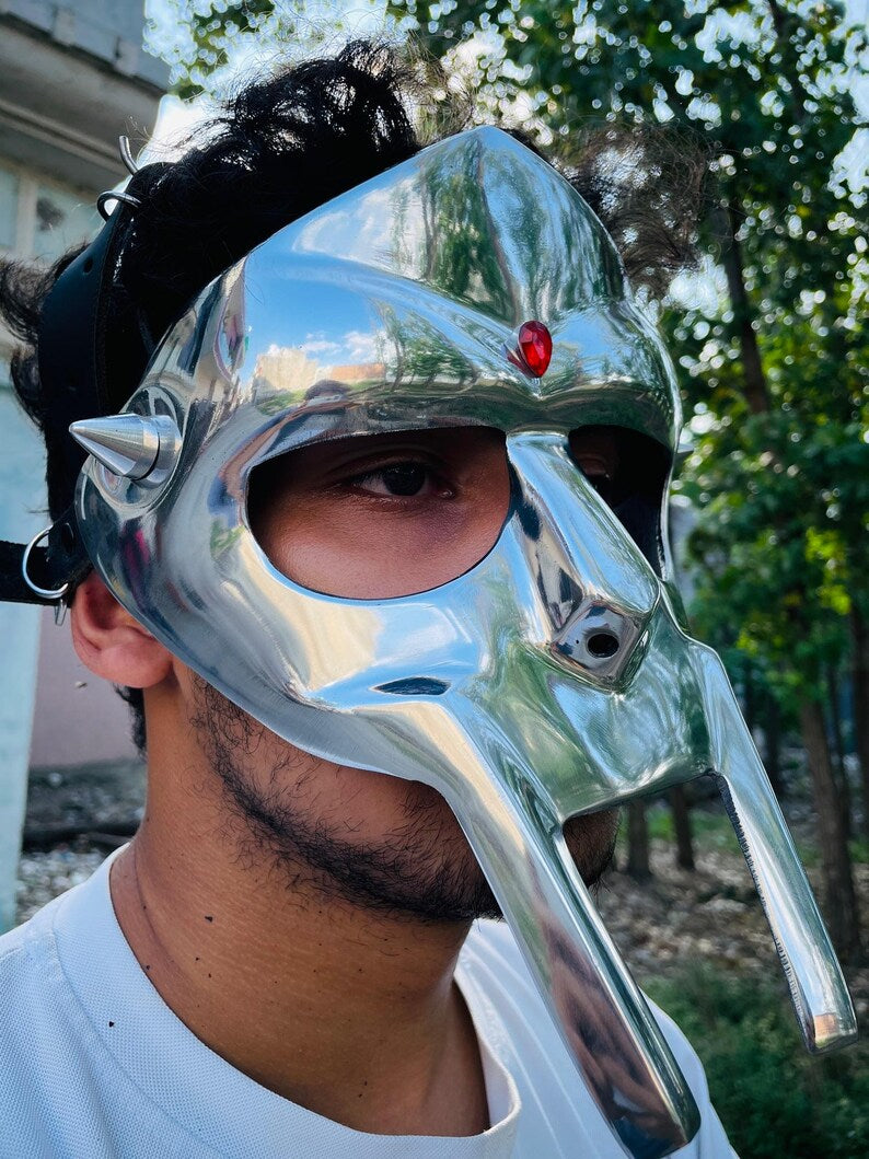 Hand-forged medieval steel MF DOOM mask with artificial gem on forehead