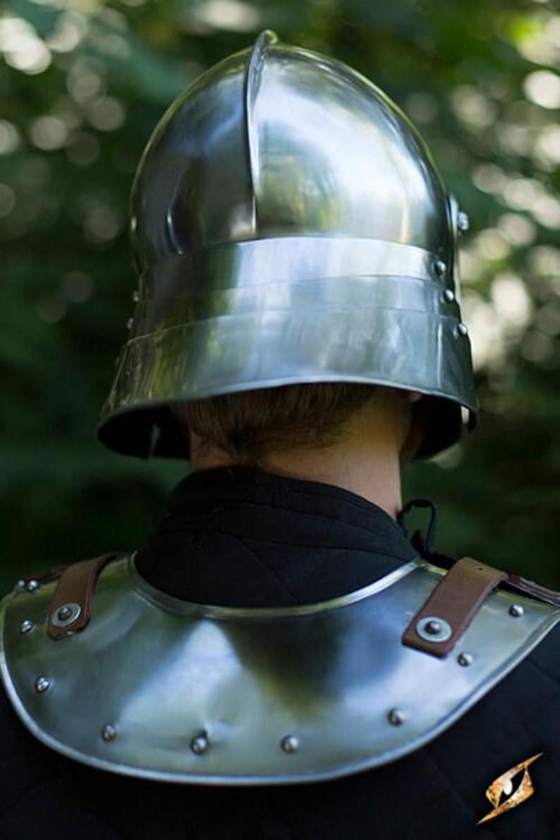 Close-up of Medieval German Polished Steel Sallet Helmet with smooth finish