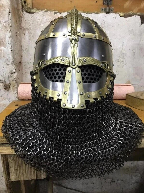 Side profile of 16GA medieval Viking helmet showing detailed craftsmanship