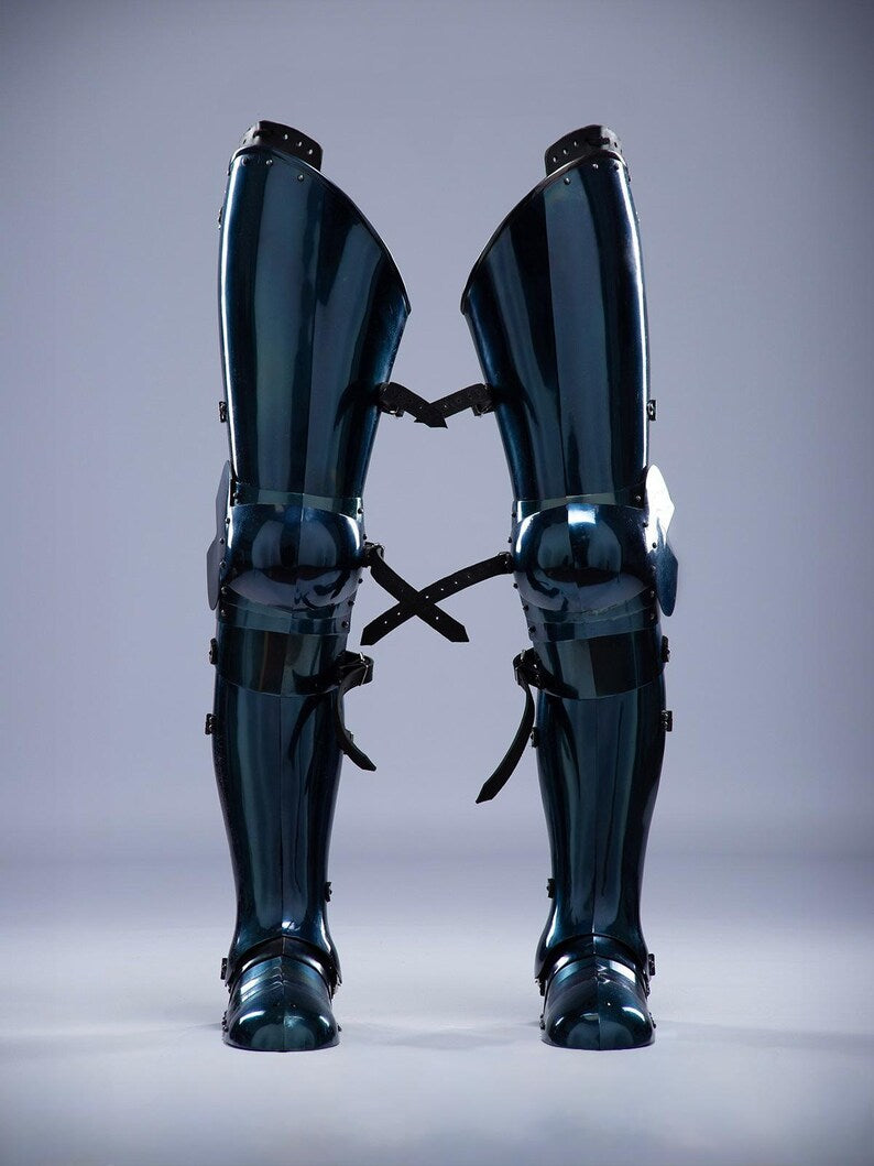 Close-up of medieval king leg armor with antique blued finish
