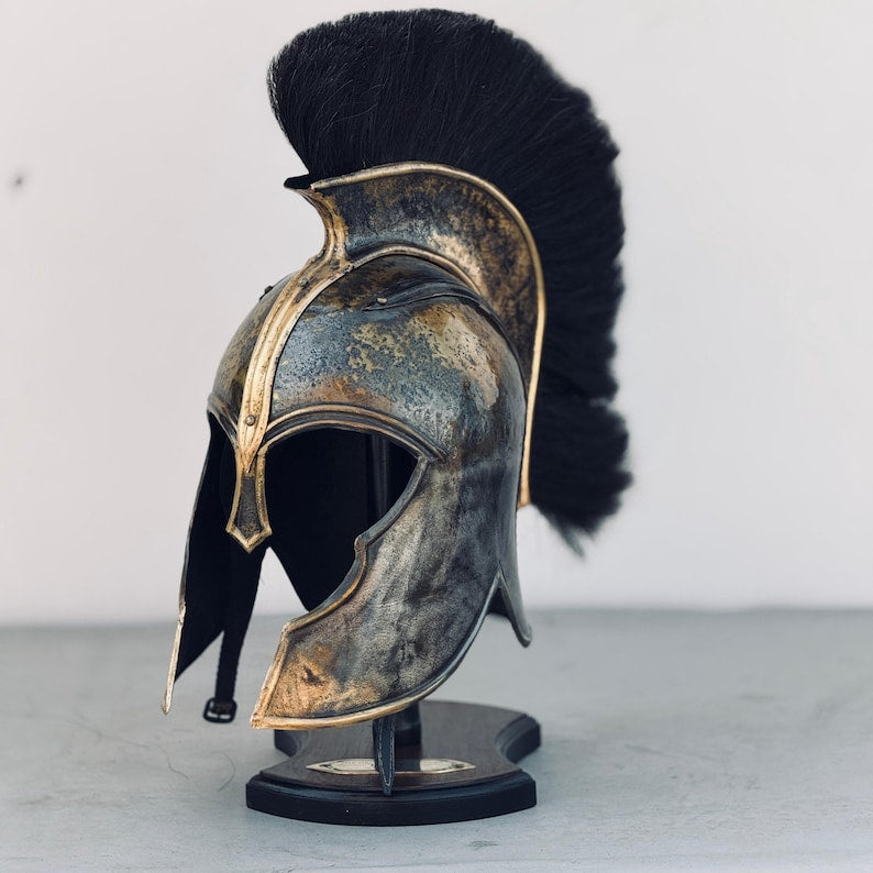 Primary - Medieval Knight Steel Achilles Helmet displayed with wooden stand