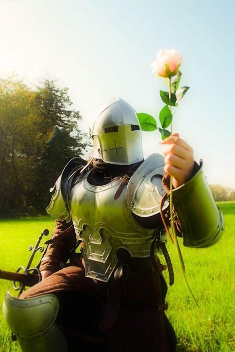 Complete Barbuta Knight armor set assembled on a stand, perfect for LARP, cosplay, reenactment, or home décor.
