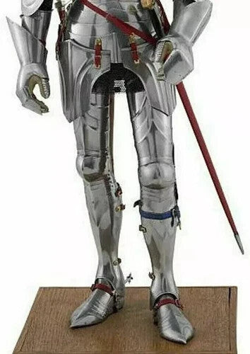 Close-up of handcrafted Gothic knight armor suit showing detailed view.