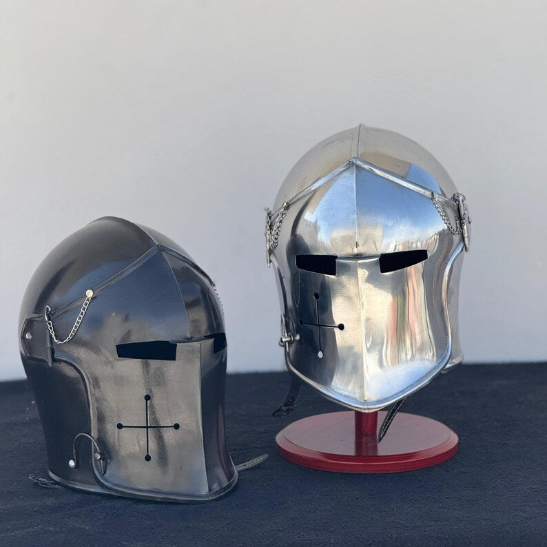 Close-up of genuine leather liner and straps on Medieval Knight Steel Barbuta Helmet