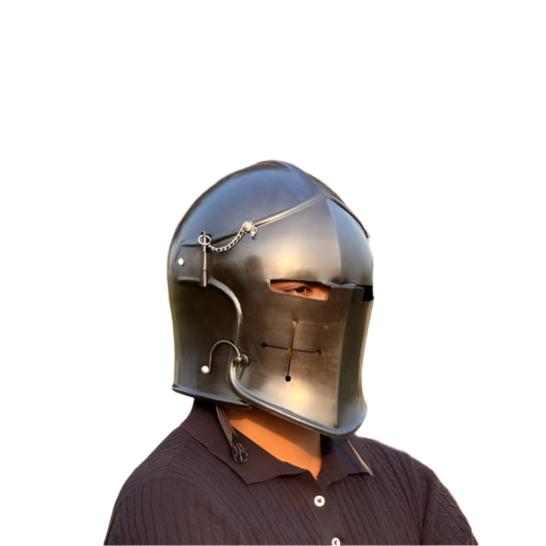 Side profile of the medieval Barbuta helmet showing the contoured visor and durable steel construction.