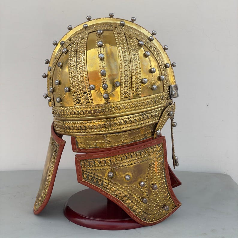 Rear view of Medieval Knight Brass Roman Deurne Cavalry Helmet with adjustable interior fit