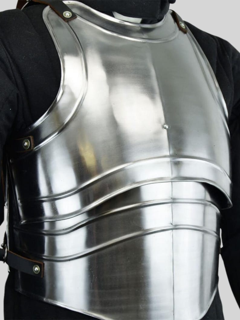 Front view of Medieval Knight Cuirass Armor with polished steel breastplate for LARP and cosplay