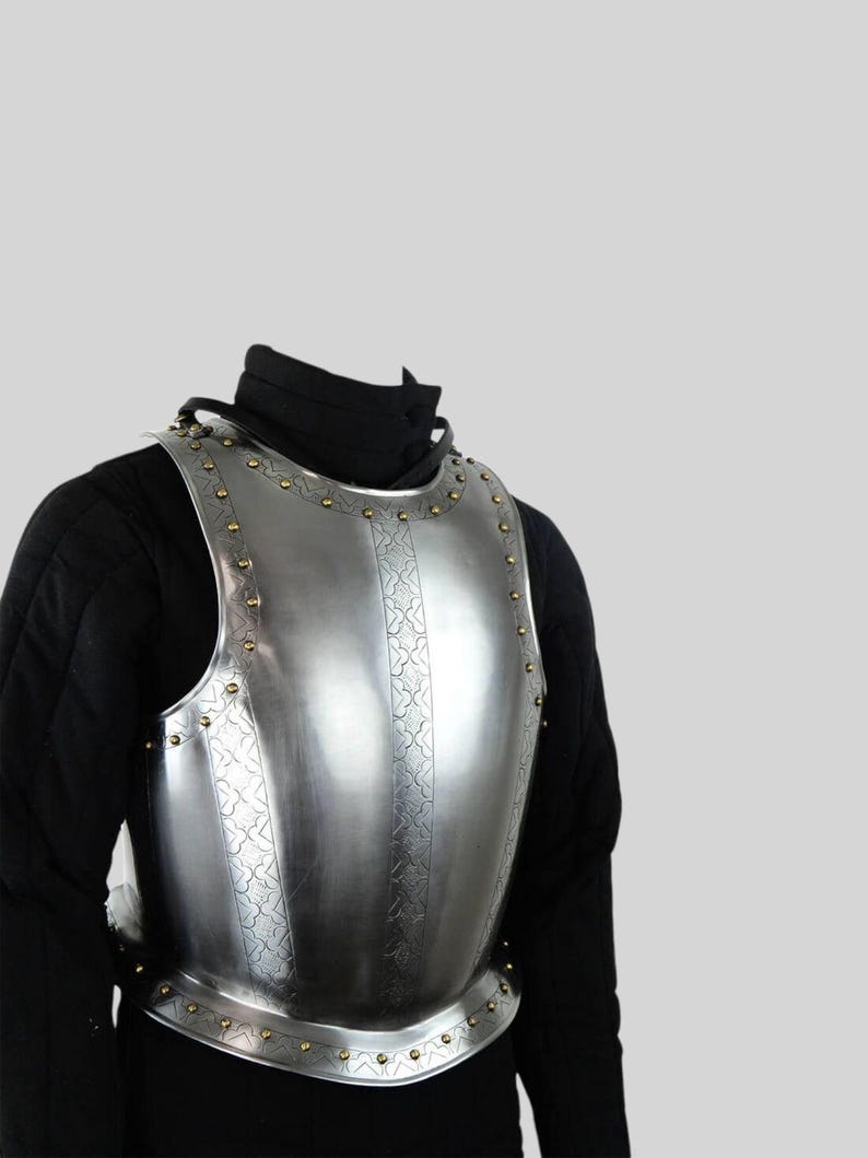 Medieval knight etched king cuirass armor front view with silver steel finish and leather straps