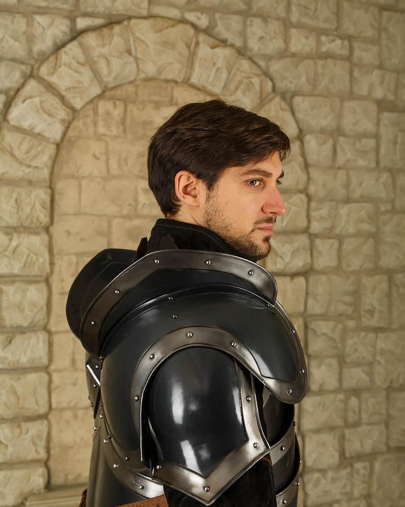 Close-up details of Medieval Knight Full Armor Set showing leather straps and rolled edges